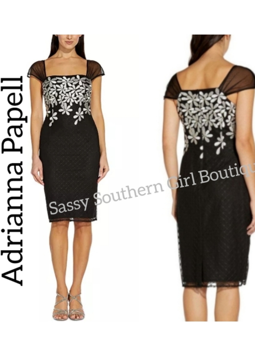 🆕⭐ Adrianna Papell Black White Embroidered Cocktail Dress